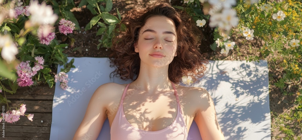 A serene woman relaxes surrounded by blooming flowers, embodying peace and tranquility in nature's embrace. A serene woman relaxes surrounded by blooming flowers, embodying peace and tranquility in nature's embrace.