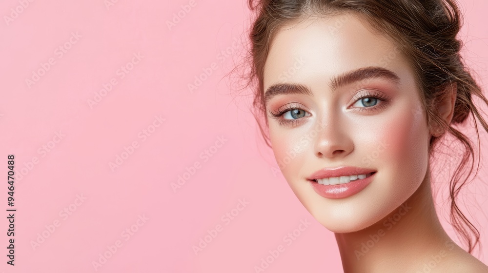A smiling woman with natural makeup poses against a soft pink background, showcasing beauty and charm with a fresh and vibrant look. A smiling woman with natural makeup poses against a soft pink background, showcasing beauty and charm with a fresh and vibrant look.