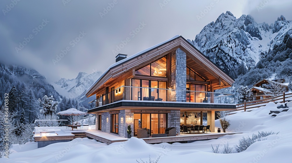 Modern Chalet in Snowy Mountain Landscape Modern Chalet in Snowy Mountain Landscape