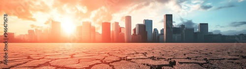 A dramatic skyline at sunset over a dry, cracked landscape, showcasing the contrast between urban development and drought effects.