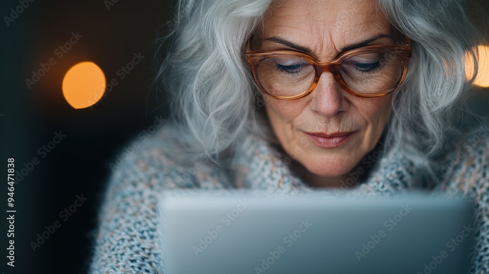 A serious elderly woman, in glasses and a warm sweater, intently engages with her laptop, embodying resilience and the eagerness for lifelong education and staying informed. A serious elderly woman, in glasses and a warm sweater, intently engages with her laptop, embodying resilience and the eagerness for lifelong education and staying informed.