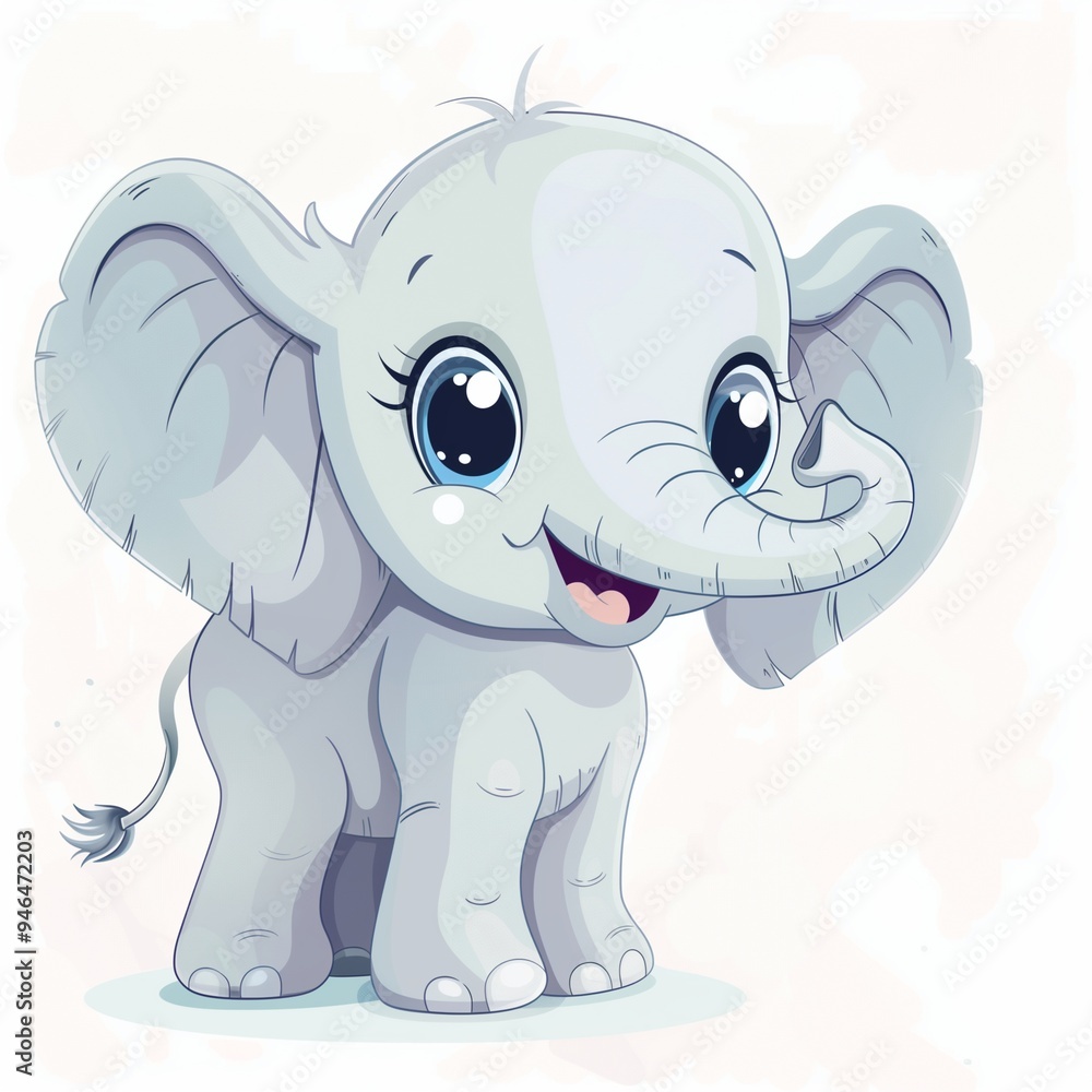 Obraz premium Cute Cartoon Baby Elephant with Sparkling Eyes, Smiling and Waving Trunk, Soft Gray Skin with Bluish Tint, Big Floppy Ears, Hand-Drawn Style, Pastel Colors, Minimalistic Design