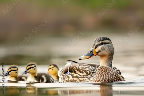 Mother Duck swimming wiht Ducklings in a line behind her : Generative AI photo