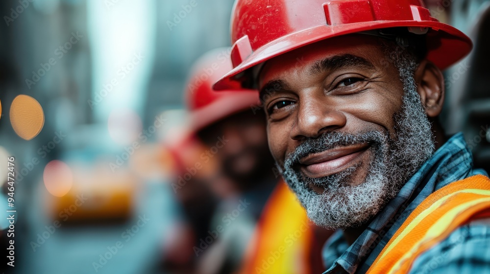 A construction worker with a gray beard smiles warmly, wearing a red helmet and a reflective vest, with an urban background suggesting a construction site in the city. A construction worker with a gray beard smiles warmly, wearing a red helmet and a reflective vest, with an urban background suggesting a construction site in the city.