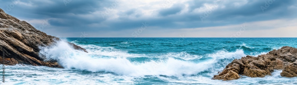 Choppy waves crashing on a rocky shore, turbulent weather, dramatic seascape Choppy waves crashing on a rocky shore, turbulent weather, dramatic seascape