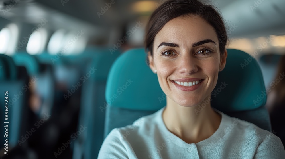 A smiling woman dressed in a light-colored top is sitting in an airplane seat, enjoying the journey with visible joy and contentment, surrounded by fellow passengers. A smiling woman dressed in a light-colored top is sitting in an airplane seat, enjoying the journey with visible joy and contentment, surrounded by fellow passengers.