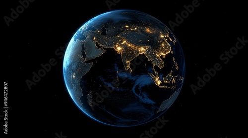 Satellite View of Earth from Space at Night, Highlighting City Lights in Asia, Including China and India