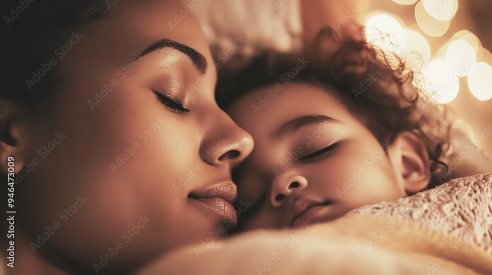 A tender moment of a mother and child sleeping peacefully together, surrounded by soft light, capturing love and serenity. A tender moment of a mother and child sleeping peacefully together, surrounded by soft light, capturing love and serenity.