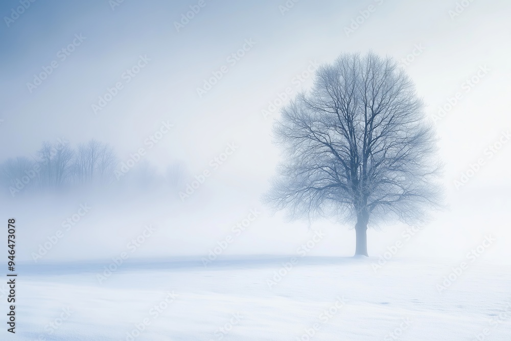 A solitary tree stands in a snowy landscape during a foggy winter morning A solitary tree stands in a snowy landscape during a foggy winter morning