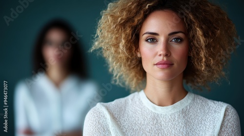 A woman with voluminous curly hair standing in the foreground, wearing a white blouse. In the background, another person is visible, creating a blurred effect.