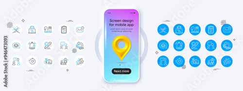 Phone mockup with 3d map pin icon. People chatting, Reminder and Consumption growth line icons. Pack of Internet, Project edit, Cash back icon. Vector