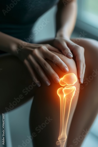 Close-up of a sore knee, a woman holding it with her hands, the skeletal structure is visible