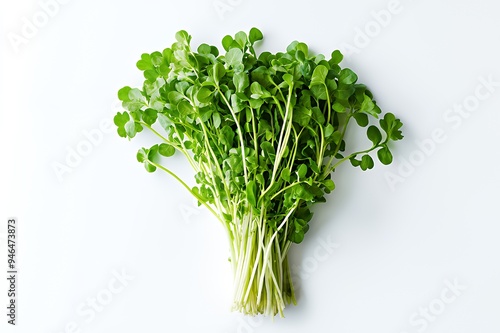 A bunch of fresh green microgreens on a white background.