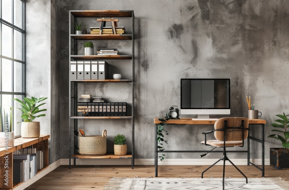 A modern office space with a large desk and a computer monitor. The ...