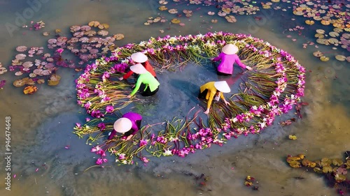 Aerial view of rural women in Moc Hoa district, Long An province, Mekong Delta are harvesting water lilies. Water lily is a traditional dish here