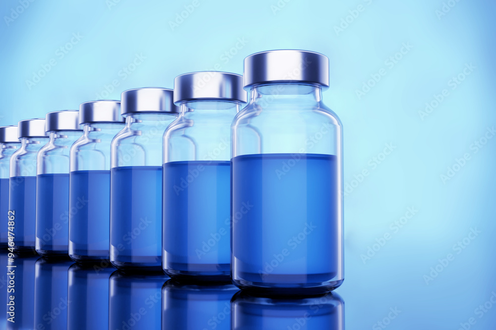 Blank Vaccine Bottles Vials on Blue Background - 3D Illustration Render Blank Vaccine Bottles Vials on Blue Background - 3D Illustration Render