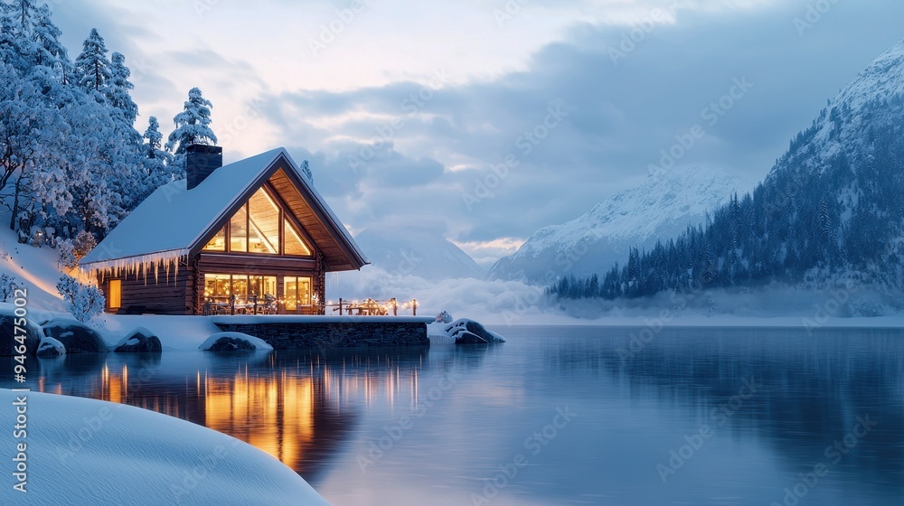 A cozy cabin by a serene lake, surrounded by snowy mountains, reflecting warm light against a tranquil winter sunset. A cozy cabin by a serene lake, surrounded by snowy mountains, reflecting warm light against a tranquil winter sunset.