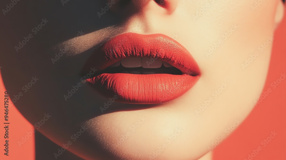 Close-up of vibrant red lips showcasing beautiful lip makeup against a striking background, emphasizing beauty and fashion. Close-up of vibrant red lips showcasing beautiful lip makeup against a striking background, emphasizing beauty and fashion.