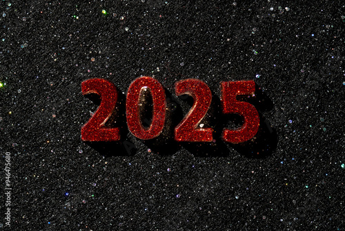 New Year 2025 dark background. Number of the coming year in Christmas decoration.