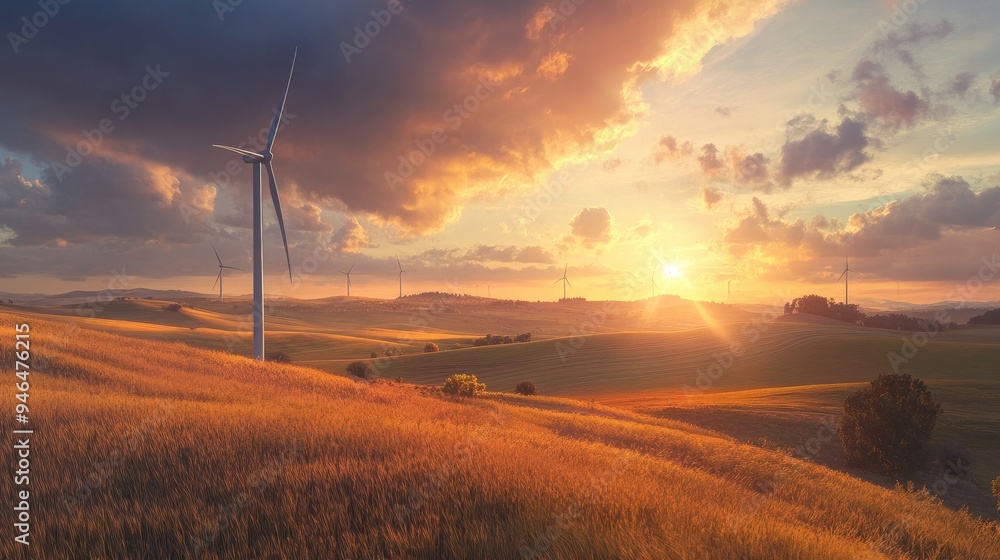 Obraz premium A wind farm on a rural landscape, generating clean energy for a net zero future.