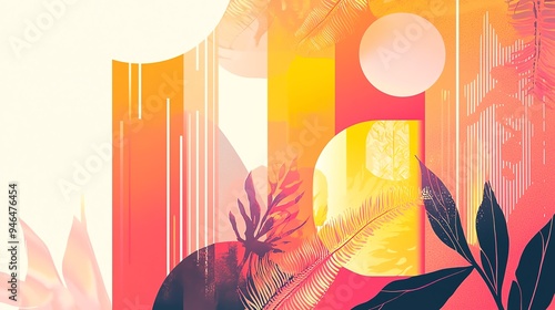 Vibrant abstract design featuring tropical leaves and colorful shapes, perfect for summer-themed art and photography.