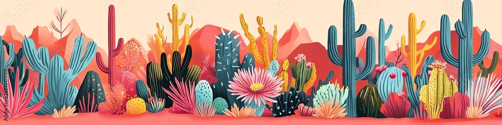 Obraz premium Vibrant desert landscape featuring colorful cacti and unique plants in a stunning, artistic style.