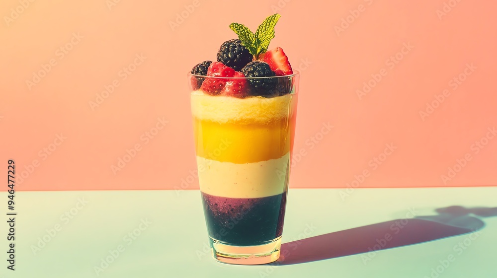 Vibrant layered dessert in a glass featuring fresh fruits, perfect for refreshing summer treats and colorful presentations. Vibrant layered dessert in a glass featuring fresh fruits, perfect for refreshing summer treats and colorful presentations.
