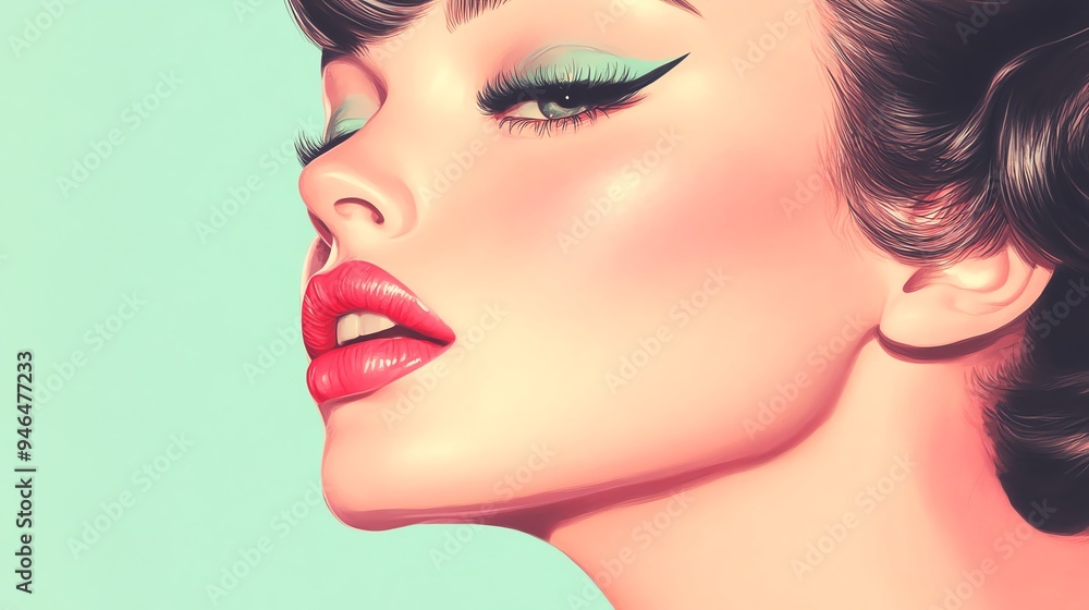 Vibrant portrait of a glamorous woman with bold makeup and elegant hairstyle, capturing vintage beauty and modern aesthetics. Vibrant portrait of a glamorous woman with bold makeup and elegant hairstyle, capturing vintage beauty and modern aesthetics.