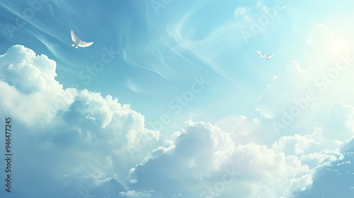 Two White Doves Flying in a Blue Sky with White Clouds