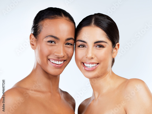 Portrait, girls and skincare for beauty, cosmetics and glow on white background for dermatology. Female people, healthy skin and cosmetology for anti aging, confidence and pride as together in studio