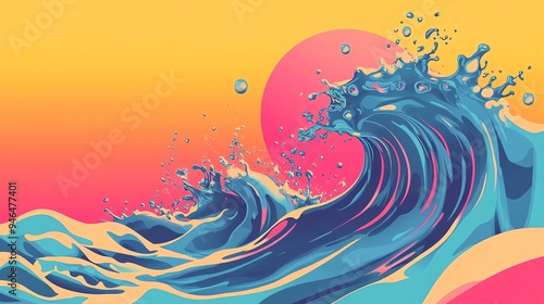 Vibrant wave illustration with playful colors and dynamic movement against a bright gradient background, capturing the essence of ocean energy.