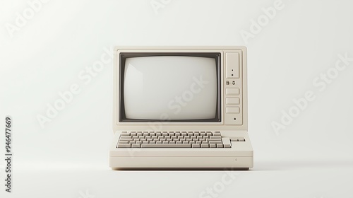 Vintage computer with a monochrome screen against a plain background photo