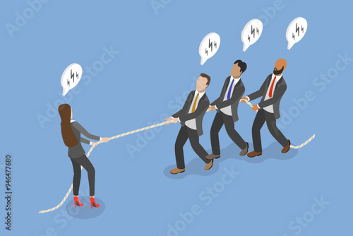 3D Isometric Flat Vector Illustration of Businesswoman Vs Businessman, Businesswoman Pulling Against Male Coworkers
