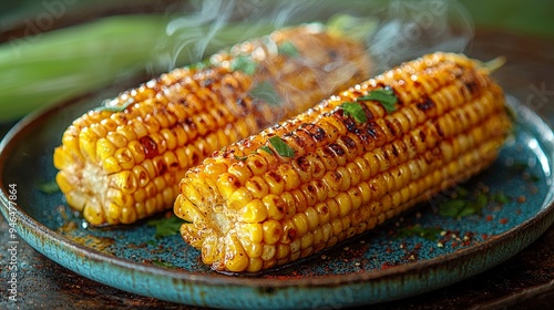 Grilled corn on the cob garnished with herbs, served on a blue plate.