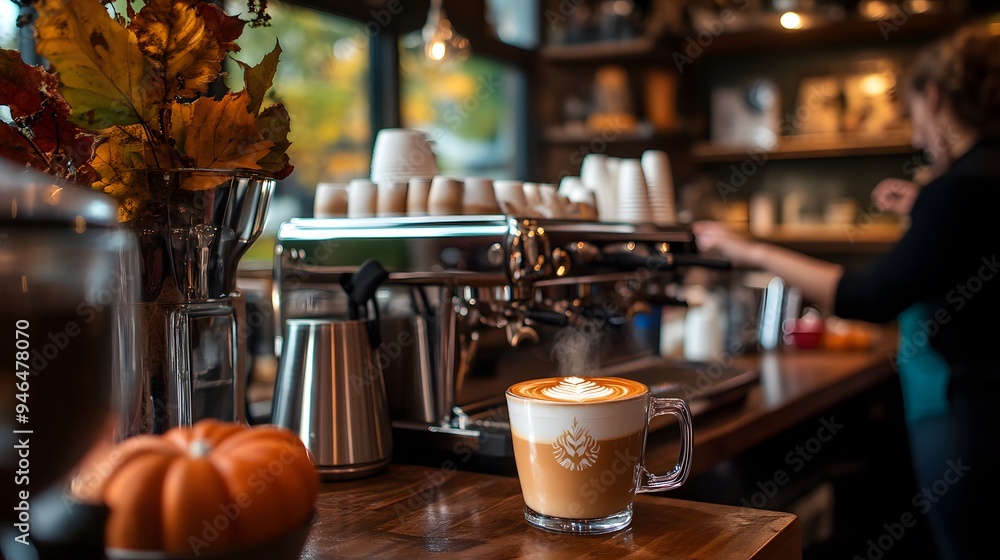 A café filled with the aroma of pumpkin spice as a barista prepares a latte with cozy fall decorations and happy customers A café filled with the aroma of pumpkin spice as a barista prepares a latte with cozy fall decorations and happy customers