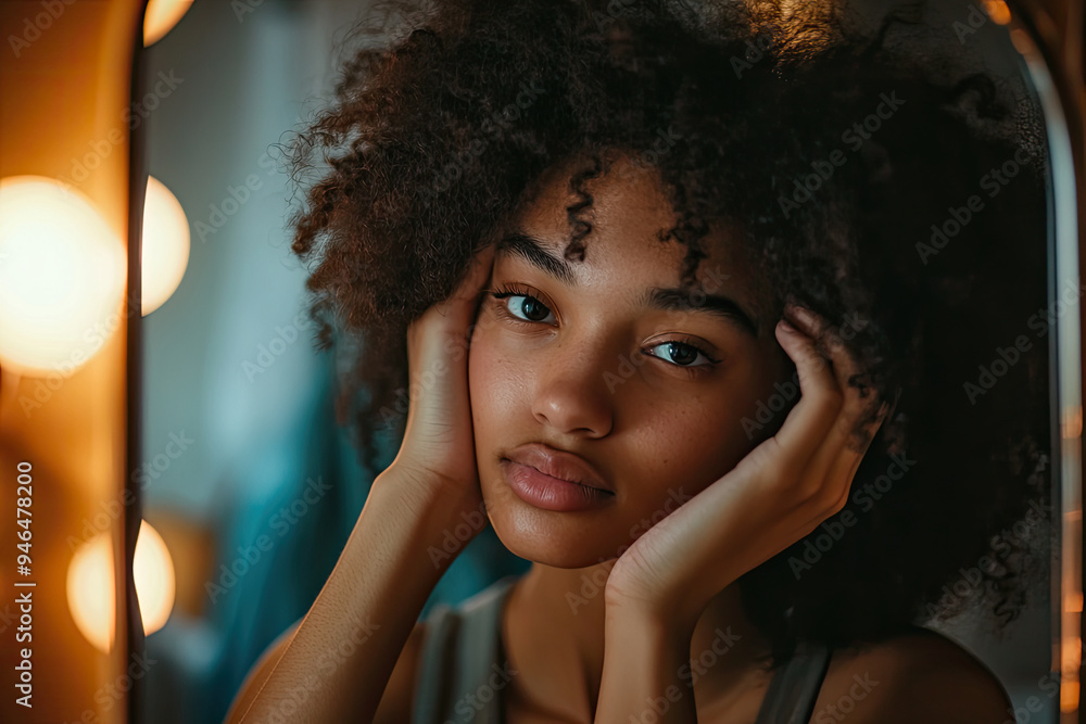 Thoughtful Young Woman with Natural Curly Hair Reflecting in a Mirror Thoughtful Young Woman with Natural Curly Hair Reflecting in a Mirror