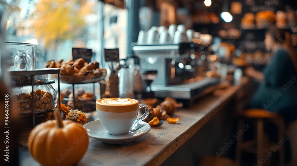 A cozy café atmosphere where a barista is making a pumpkin spice latte with customers relaxing among detailed textures and autumn décor A cozy café atmosphere where a barista is making a pumpkin spice latte with customers relaxing among detailed textures and autumn décor