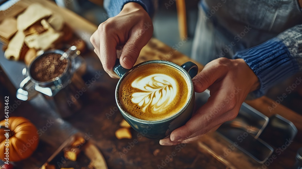 A warm inviting café with a barista making a pumpkin spice latte surrounded by detailed textures and customers enjoying the seasonal drink A warm inviting café with a barista making a pumpkin spice latte surrounded by detailed textures and customers enjoying the seasonal drink