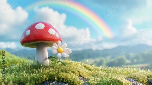Wallpaper Mural A happy mushroom holding a flower, standing on a grassy hill under a rainbow. Torontodigital.ca
