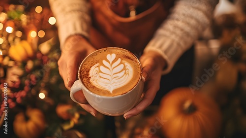 Fototapeta Naklejka Na Ścianę i Meble -  A barista creating a pumpkin spice latte in a cafÃ© with soft lighting and fall decorations as customers enjoy the seasonal ambiance