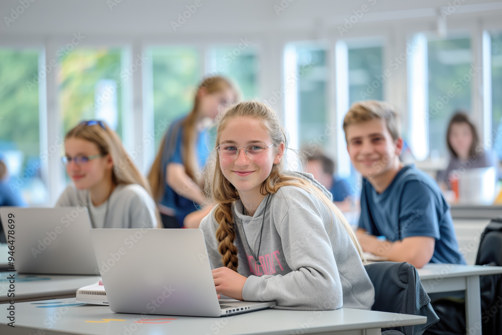 Smiling students engaging with laptops in a bright and modern classroom, embracing technology and collaborative learning Smiling students engaging with laptops in a bright and modern classroom, embracing technology and collaborative learning