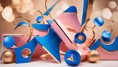 A composition of abstract blue, pink, and gold. elements with a Memphis influence. rendering in three dimensions photo