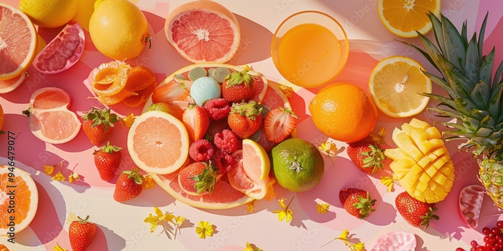 A vibrant spread of fresh fruits and refreshing beverages at a sunshine-filled garden gathering A vibrant spread of fresh fruits and refreshing beverages at a sunshine-filled garden gathering
