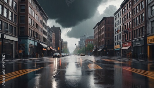 A city street in the middle of the day, but with dark storm clouds overhead and a heavy downpour creating a somber and eerie mood, depicted to emphasize the contrast between the usual vibrancy and the