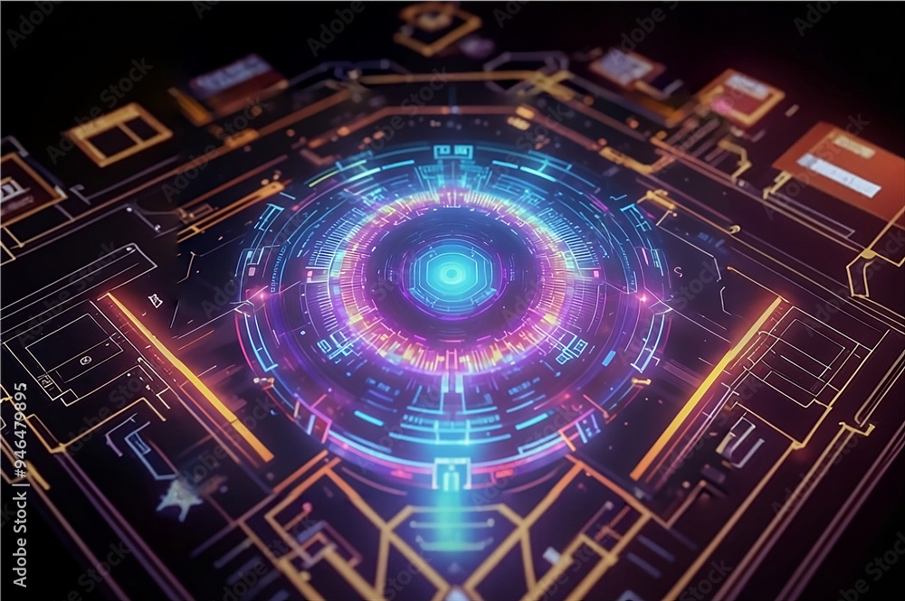 Obraz premium Futuristic Circuit Board displaying Quantum computing and glowing neon-colored lights as connections. Generative AI.