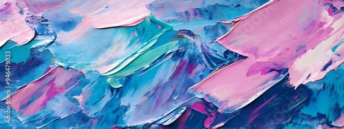 Wallpaper Mural A close-up of an abstract painting with wavy lines in pastel blue, pink, and purple colors. The background is dark grey. In the style of impasto oil paint brush strokes. Torontodigital.ca