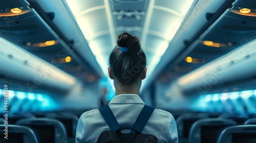 backview of a stewardess on an airplane before takeof : Generative AI photo