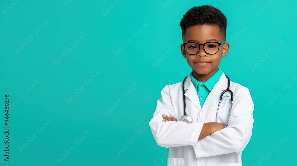 Confident young boy dressed as a doctor, wearing glasses and a lab coat, standing against a vibrant turquoise background. Confident young boy dressed as a doctor, wearing glasses and a lab coat, standing against a vibrant turquoise background.