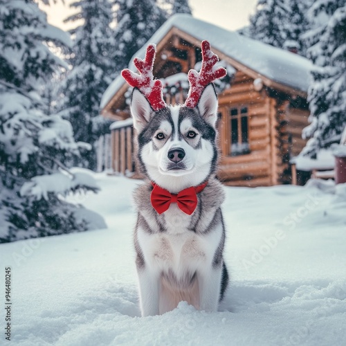 A dog in a festive Christmas setting, surrounded by holiday decorations, embodying the warmth and joy of the season. Perfect for themes of Christmas, pets, and holiday cheer photo