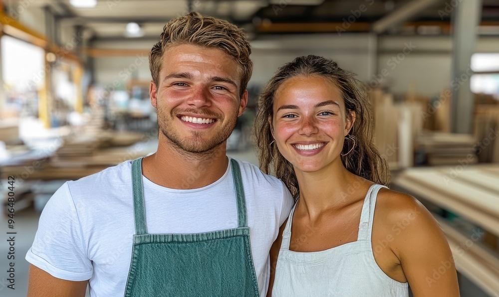 Man and Woman Smiling in a Modern Woodworking Factory Man and Woman Smiling in a Modern Woodworking Factory